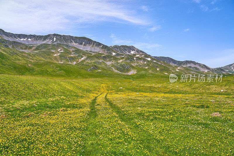 Campo Imperatore草原与乡村道路车辙和草地，意大利Abruzzi